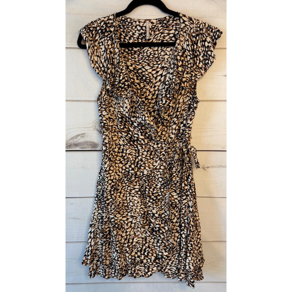 Free People Black and Cream Printed Mini Wrap Dress